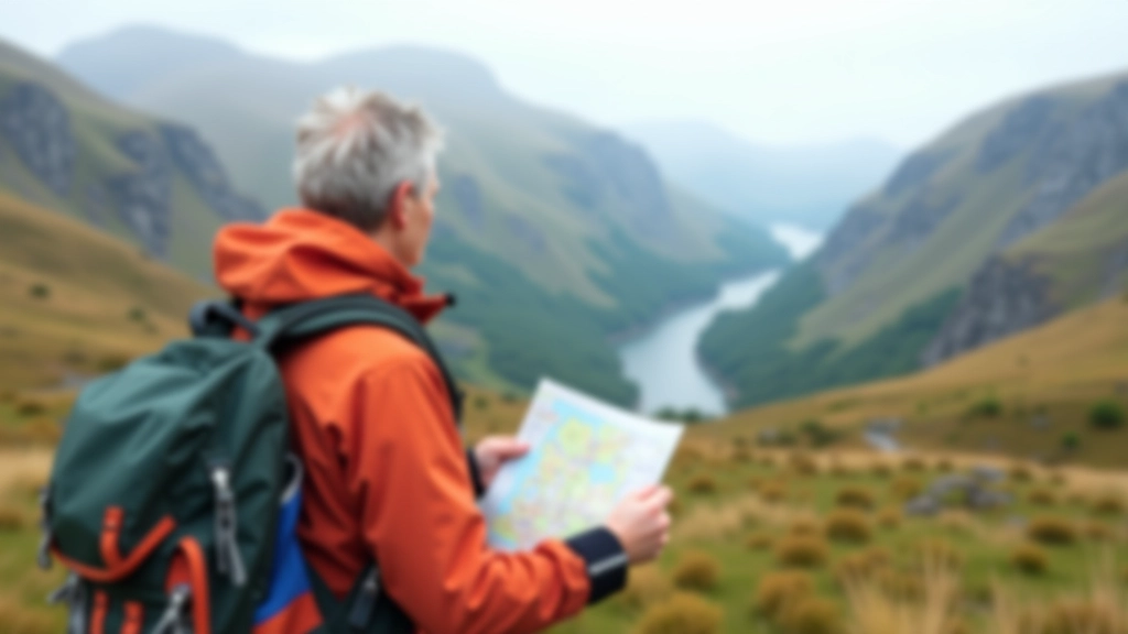 Hiker in waterproof jacket pausing on mountain trail to check hiking map and plan route