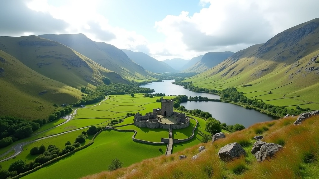 Glendalough valley showing monastic ruins and lakes