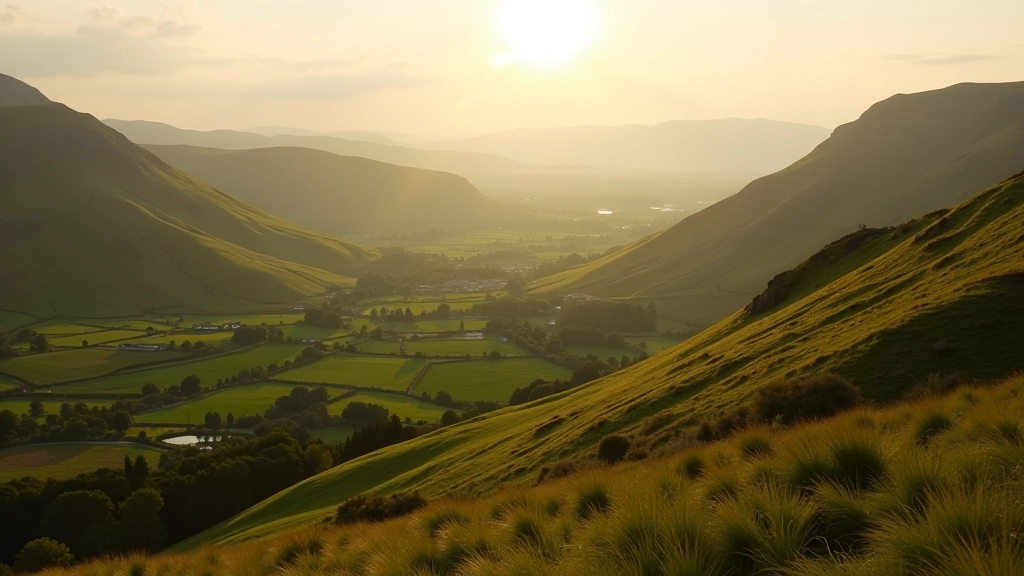 Scenic valley landscape with green rolling hills and distant mountains in Ireland during golden hour