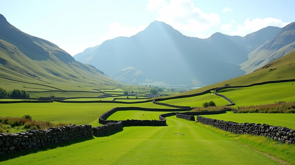 Traditional stone walls and green fields in Connemara valley with mountain backdrop