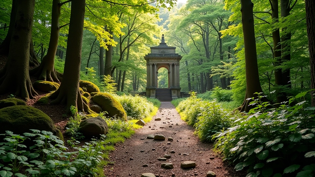Peaceful forest path with ancient stone ruins visible through the trees at Glendalough