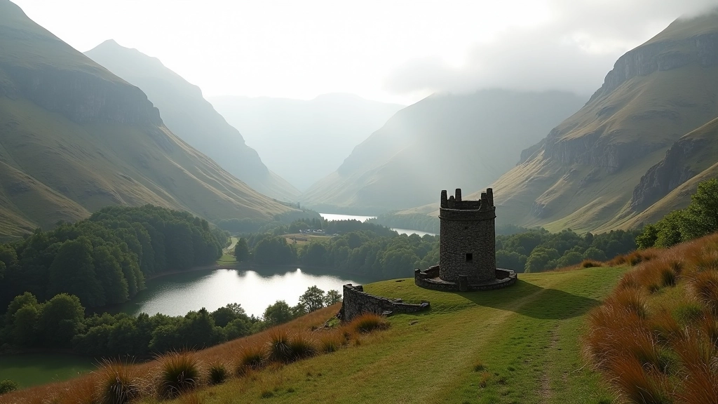 Ancient monastic site in Glendalough valley surrounded by mountain peaks and clear water