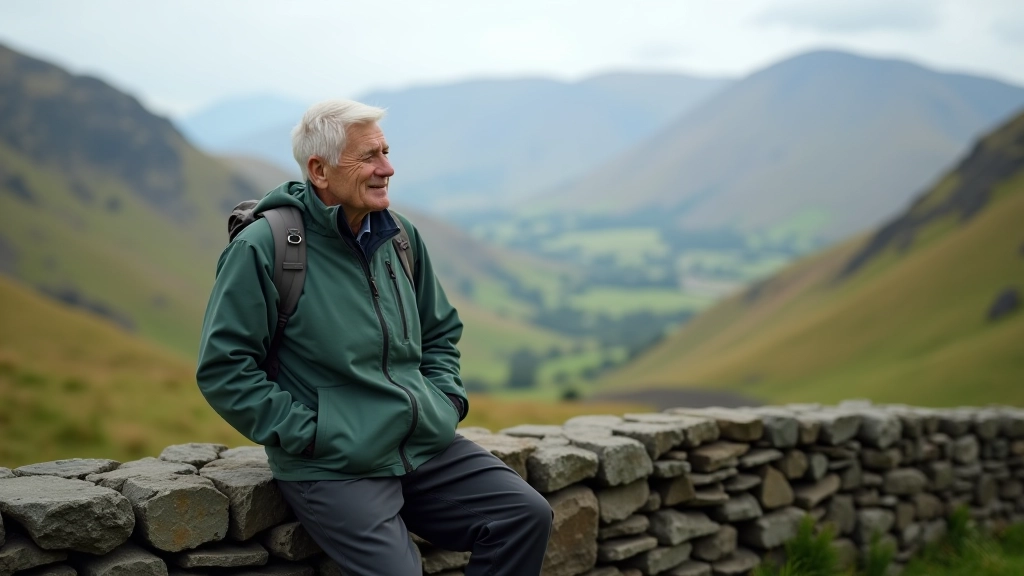 Hiker resting on stone wall with mountain valley view and rolling green hills