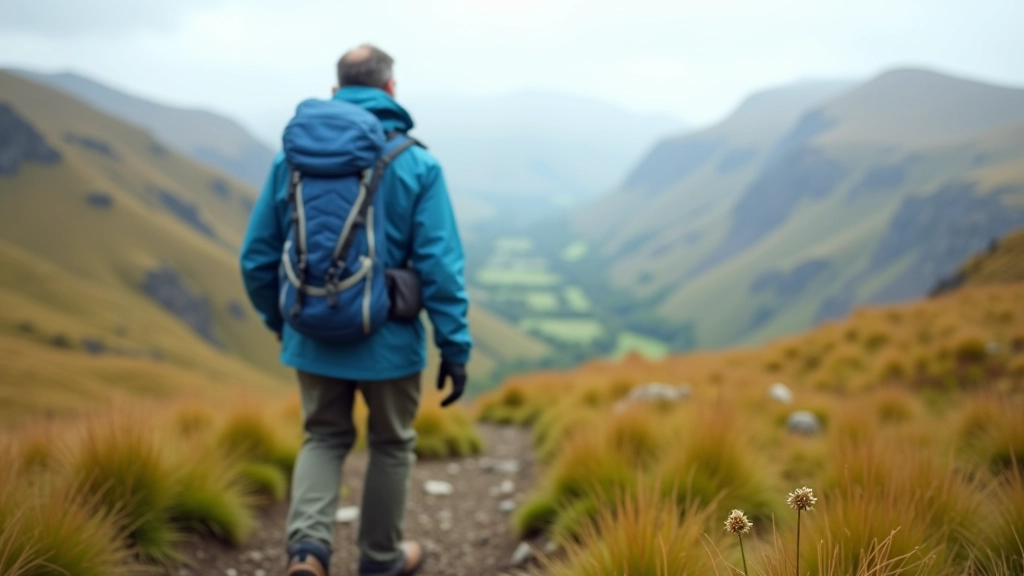 Hiker from behind wearing waterproof jacket, walking boots, and backpack on mountain trail with scenic valley view