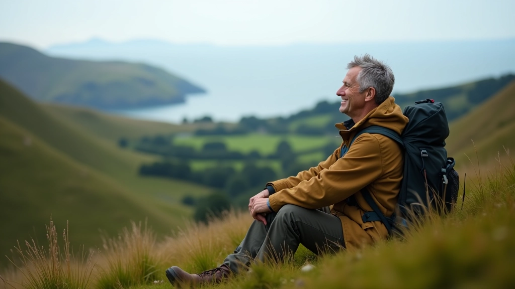Walker resting on a hillside with rolling mountain terrain and sea views in the background