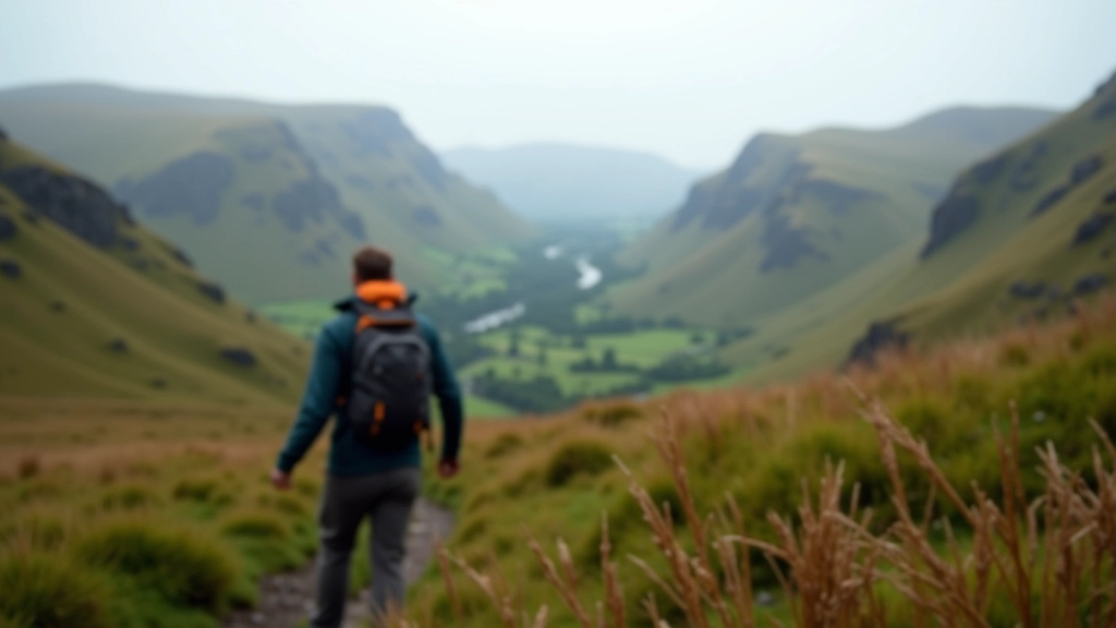 Hiker on mountain trail looking at landscape with valley views stretching into distance