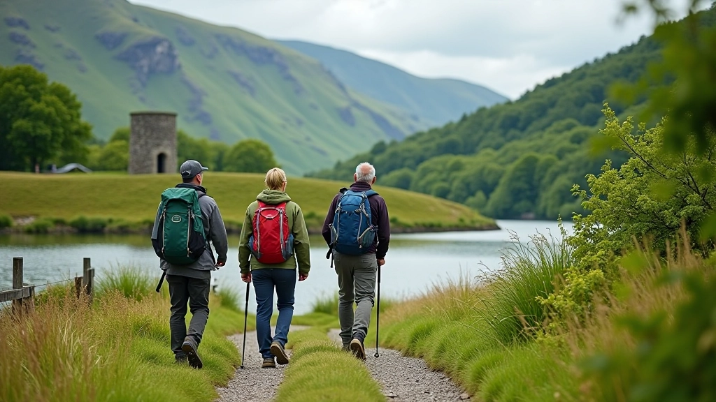 Hikers walking along peaceful lake shore with ancient round tower visible on hillside above the water