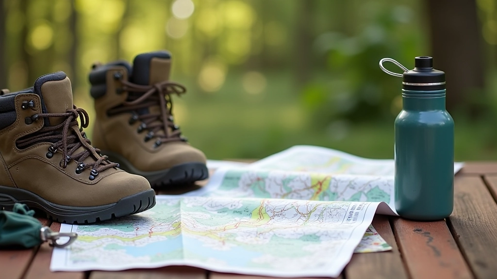 Hiking boots and outdoor gear laid out on wooden table with map and water bottle