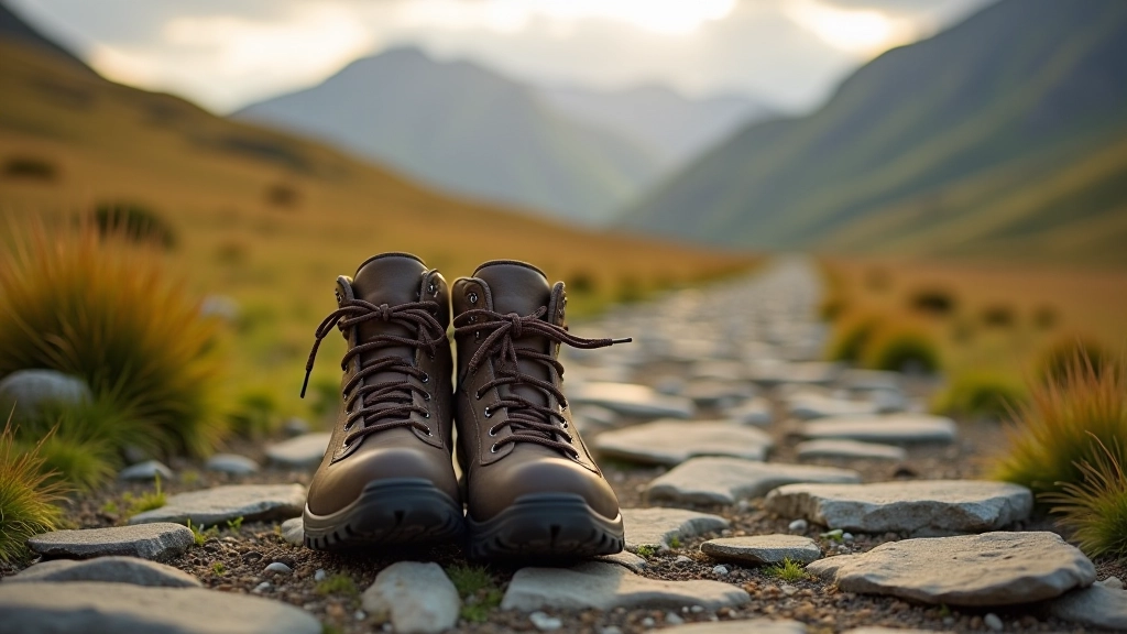 Hiking boots on a rocky path with mountain landscape stretching into the distance