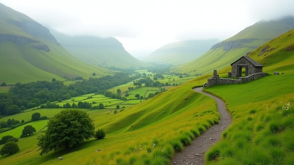 Scenic Irish valley with hiking trail winding through green hills and ancient stone structures