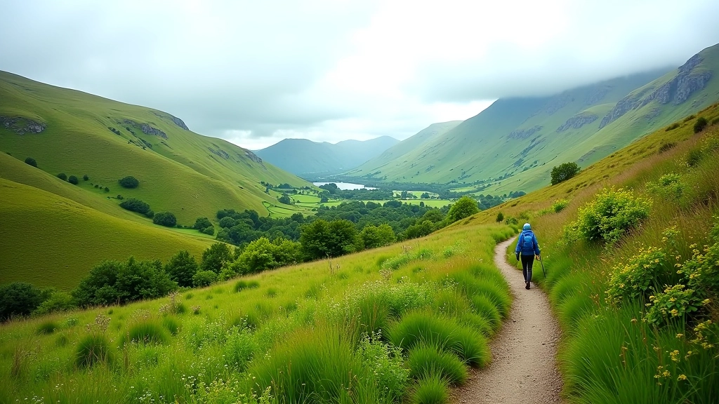 Lush green valley with winding path through Irish countryside and distant hills