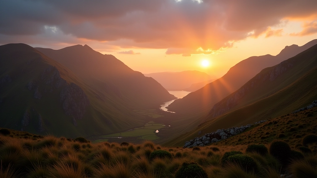 Sunset over Connemara mountains with golden light illuminating valley and ridgelines