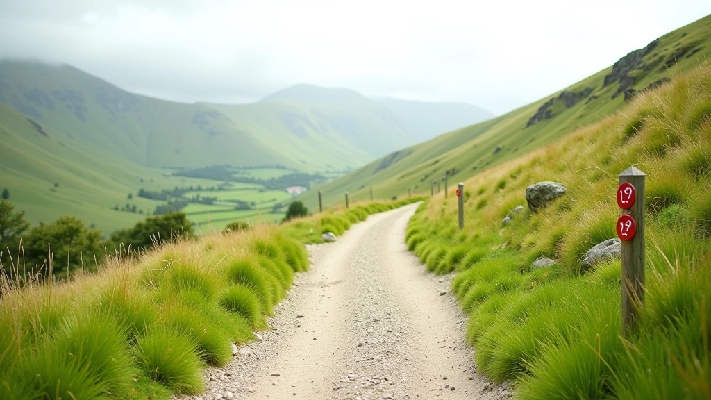 Mountain trail with clear directional markers and well-maintained path surface visible