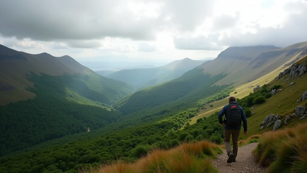 Mountain landscape showing different elevations with forest in valley and open moorland on higher slopes