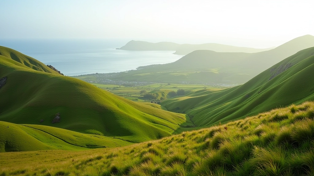 Coastal mountain landscape with green rolling slopes overlooking the Irish sea
