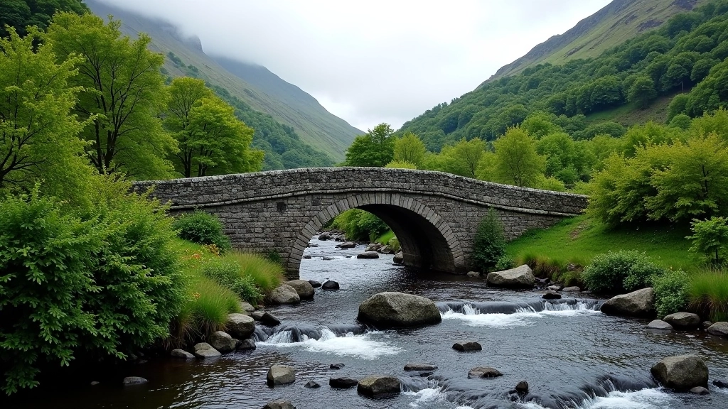 Stone bridge crossing a river with forested hills rising behind it and mountains in the distance