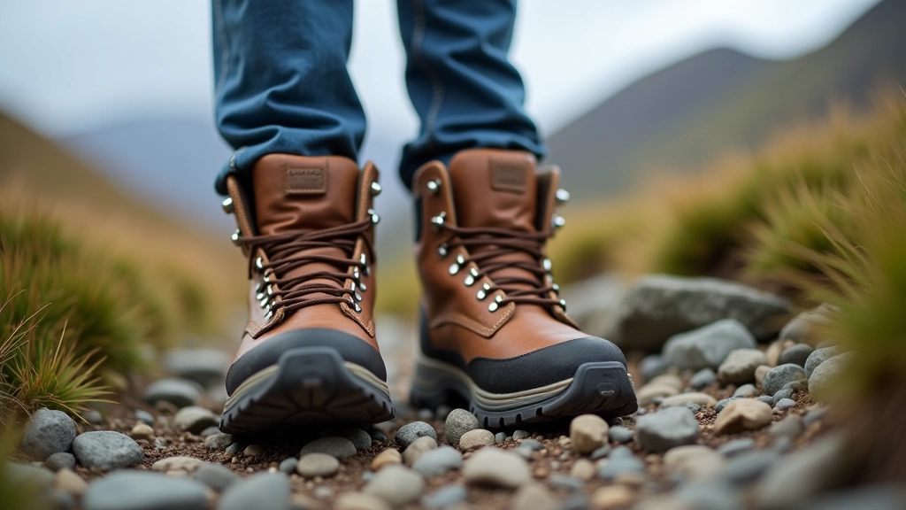 Hiking boots on rocky trail surface with proper grip and weathered leather showing real use