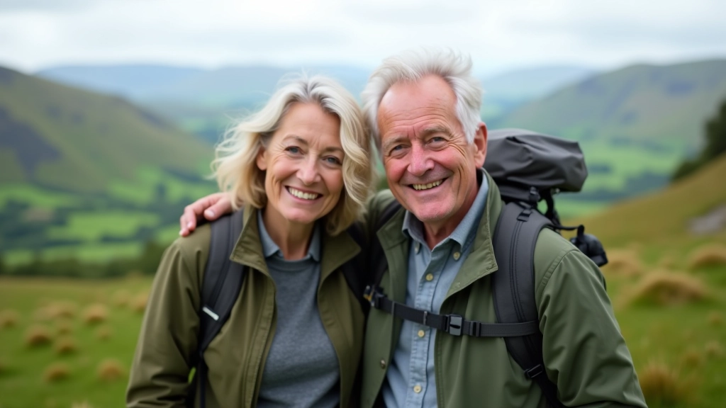 Mature hikers enjoying a scenic Irish valley trail with rolling green hills