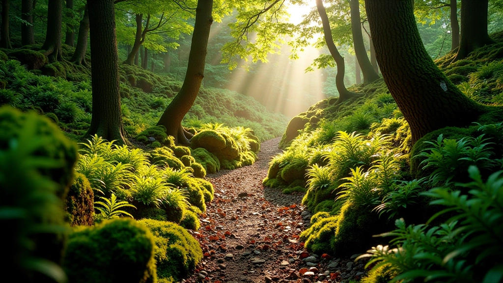 Sunlit forest path through ancient woodland with ferns and moss-covered rocks