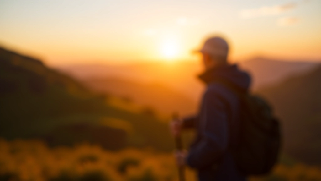 Sunset over mountain terrain with warm golden light casting long shadows across hillsides