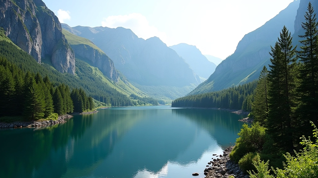 Upper lake surrounded by steep cliffs and coniferous forest with mountain peaks visible