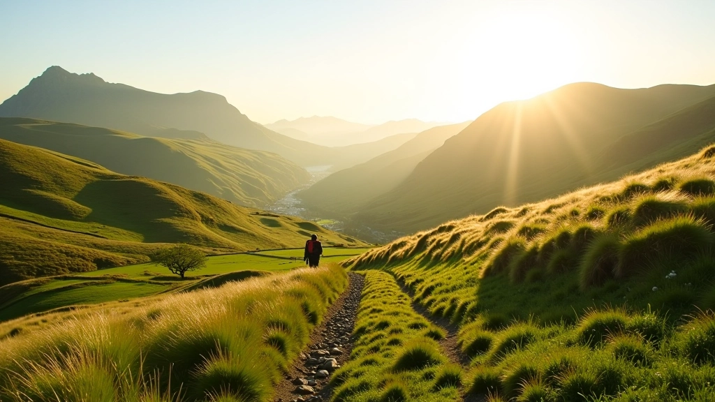 Scenic Irish hiking trail with rolling green hills and mountain vistas in early morning light